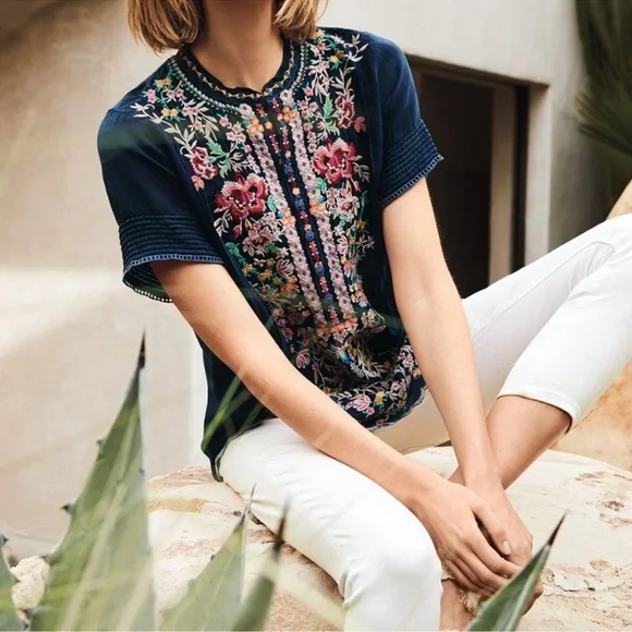 Johnny Was Raina Navy Blue Floral Embroidered Colorful Georgette Blouse Top PM - Picture 1 of 7